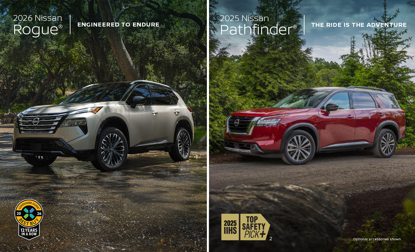 2026 Nissan Rogue and 2025 Nissan Pathfinder SUVs highlighting durability and adventure.