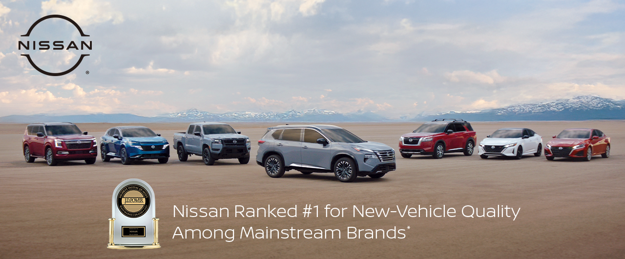 Nissan vehicle lineup displayed with message ranking Nissan number one in new-vehicle quality.